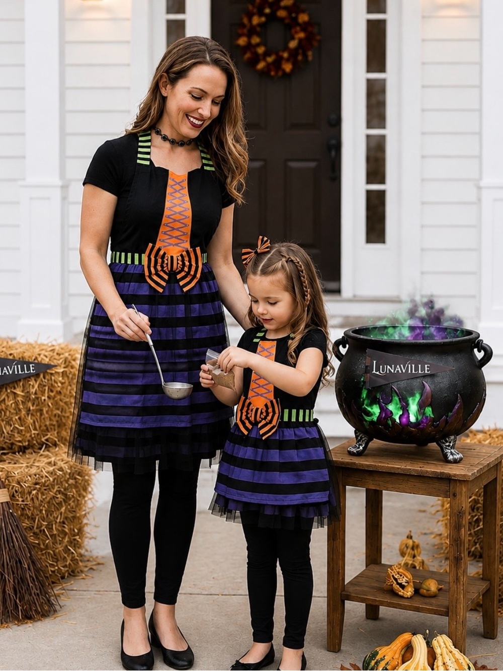 HALLOWEEN WITCH COSTUME DRESS UP WICKED MOMMY & ME APRON SET NEON COLORS NEW